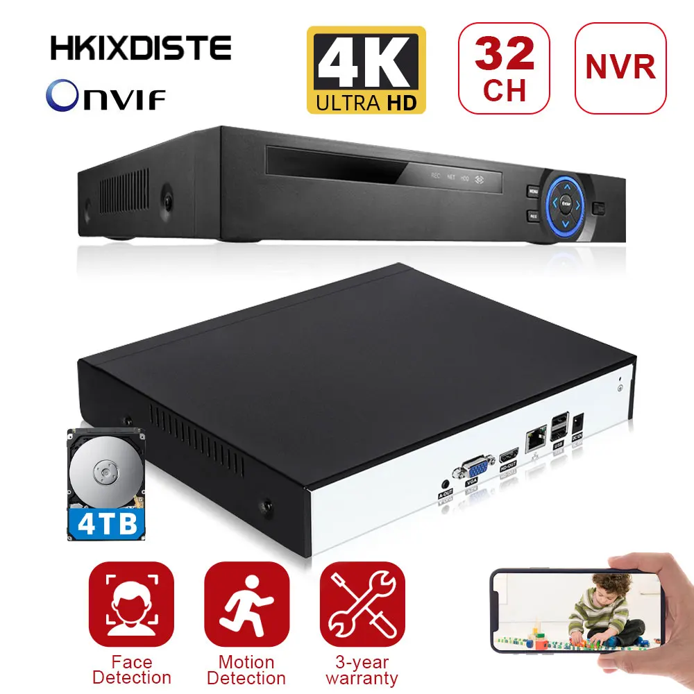 HKIXDISTE Распознавание лиц XMeye видеонаблюдения Регистраторы 8MP 4K 32CH 32 канала H.265 1 * SATA