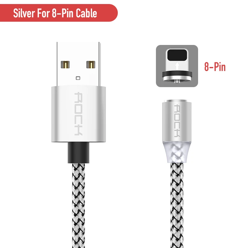 Магнитный кабель ROCK для быстрой зарядки с разъемом type-C Micro Usb для быстрой зарядки Usb C светодиодный светильник для iPhone Xiaomi huawei Phone 1 м магнитное зарядное устройство - Цвет: Silver For iPhone