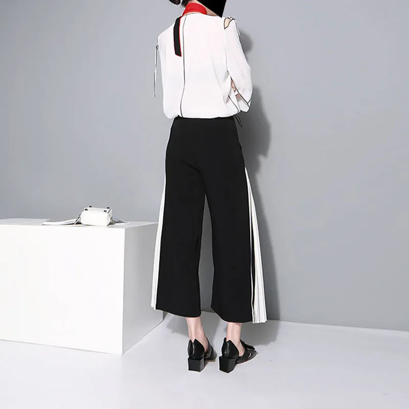 

2021 Fashion Pleated Wide Leg Pants Ankle Length Cool Girls Black White Striped Casual Chiffon Trousers Women Freeshipping