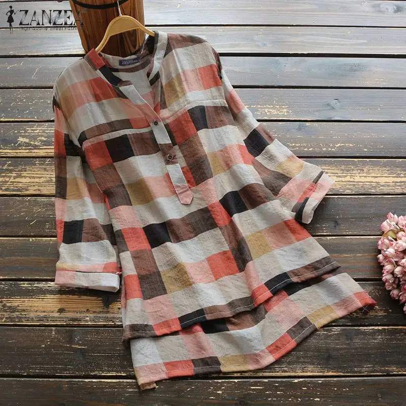 

Женская Осенняя блузка ZANZEA 2021, винтажная клетчатая блузка в клетку, Повседневный пуловер на пуговицах, женский топ оверсайз с круглым вырез...
