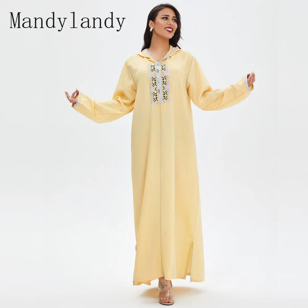 

Mandylandy Muslim Dress Spring Autumn Long Sleeve Hooded Split Dress Women's Casual Dubai Embroidery Solid Color Loose Robe