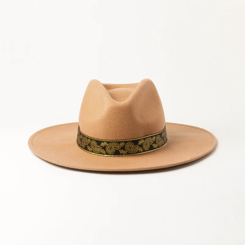 Autumn Winter Fashion wool Embroidery decorative ribbon Wide Jazz Shopping Tourist Style Felt Fedoras Hats for Women Men