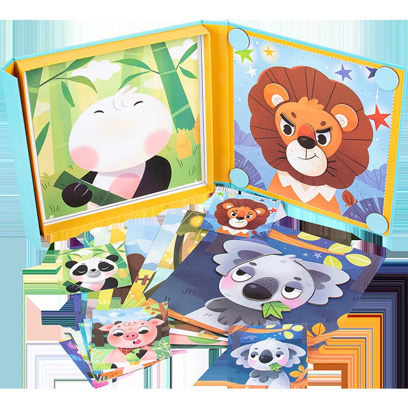 

3D пазл с изображением животного, меняющий лицо, для детей, персонализированный пазл с мультяшным рисунком, деревянная детская головоломка, ...