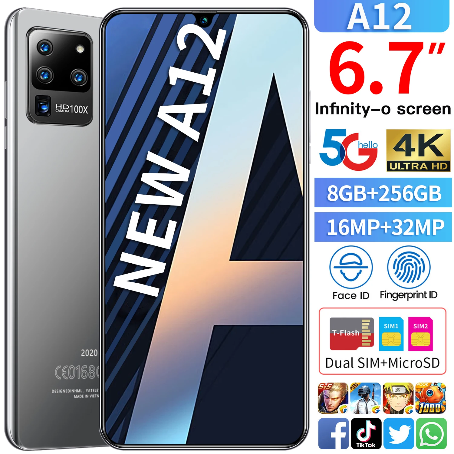 

Smartphone A12 6.7Inch 8 256GB Full Screen Face Unlock Android 5600mAh Telefone 16MP+32MP RearCamera Water Drop Screen CellPhone