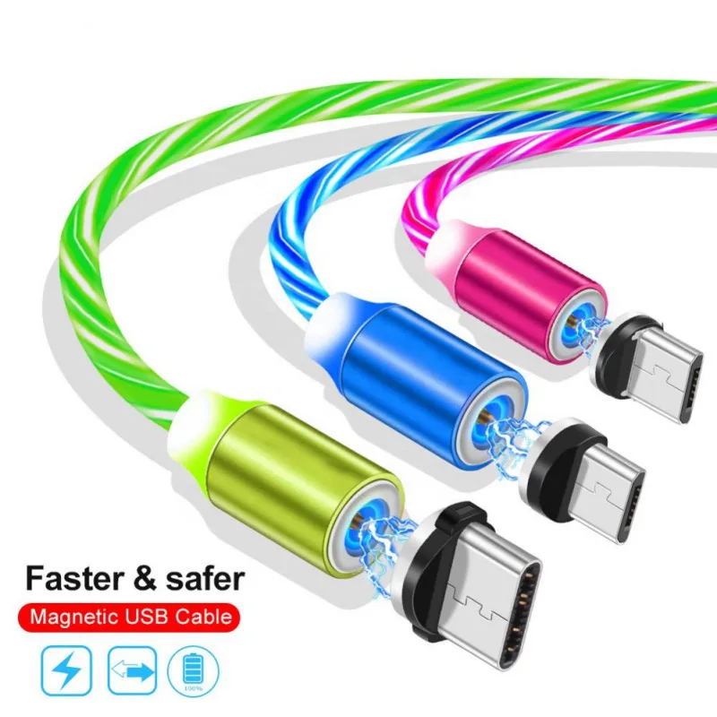1M Magnetic Absorption Flowing Light LED Micro-USB Cable Type-c Charging Usb Charger Data Cord For iphone/Samsung Accessories | Мобильные