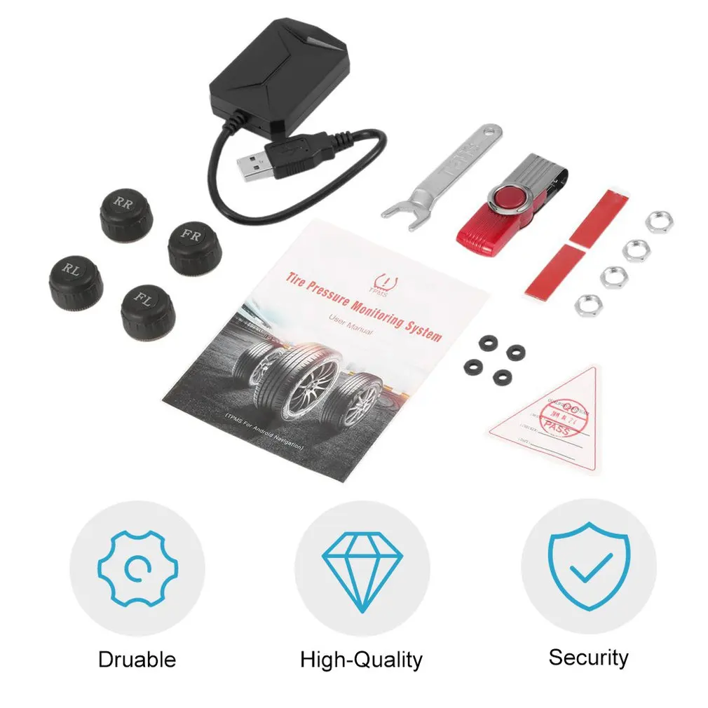 

Universal USB Car TPMS Android Tire Pressure Monitoring System with 4 External Sensors Auto Security Alarm Systems