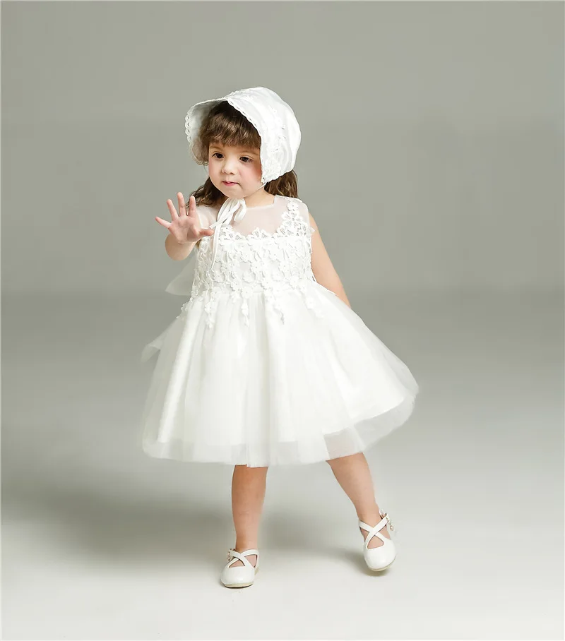 

Ivory Lace Puffy Tulle Flower Girl Dress with Hat Sleeveless Girls Pageant Birthday Party Gown First Communion Baptismal Dress