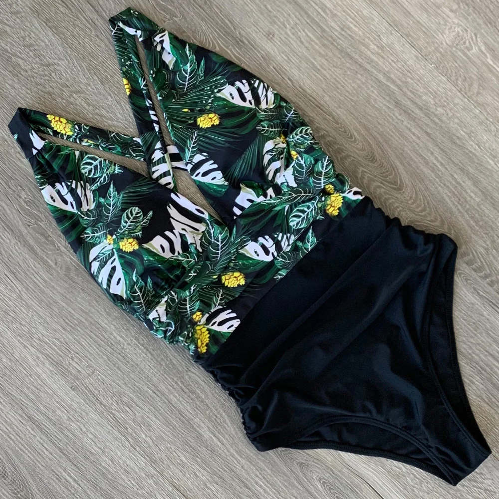 

2020 Sexy One Piece Swimsuit Female Floral Women Swimwear Push Up Bathing Suits Bodysuits Beach wear Deep V-neck Ruffle Monokini