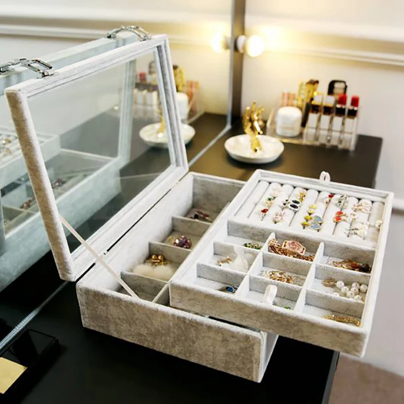 

Jewelry Display Rack Storage Box Jewelry Transparent Double Storage Box Tray Rack Necklace Ring Storage