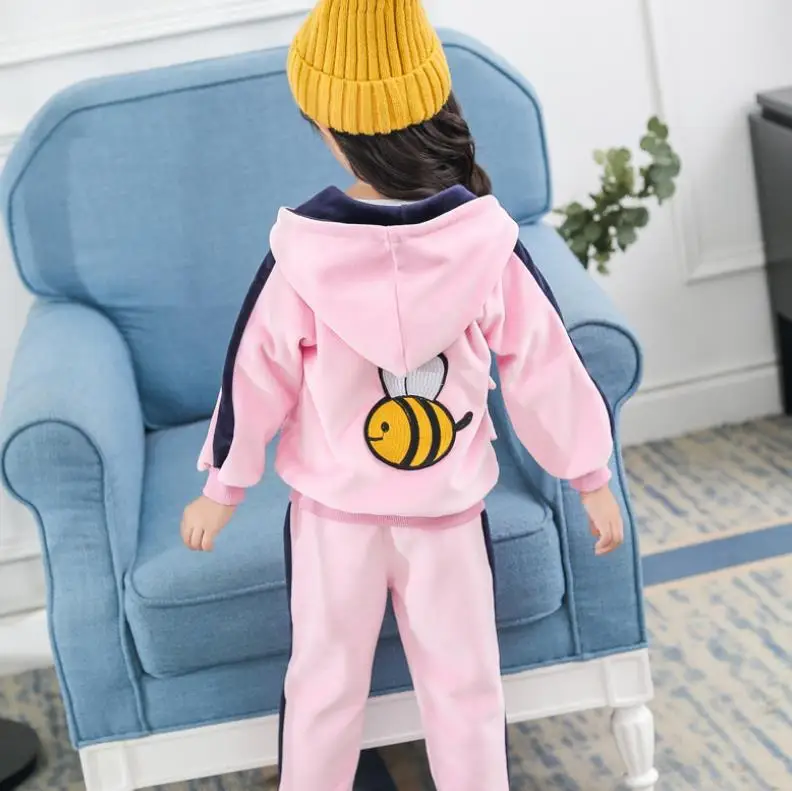 Baby Boys Girls Warm Set Winter Cartoon cat Kids Thickening Hooded Vest+Sweater+Pant Three-piece Sport Suits Children Clothing