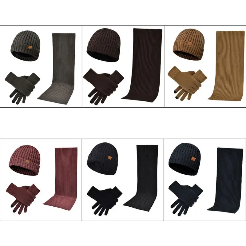 

Unnisex 3 In 1 Winter Warm Ribbed Knit Beanie Hat Long Scarf Touch Screen Gloves D08E