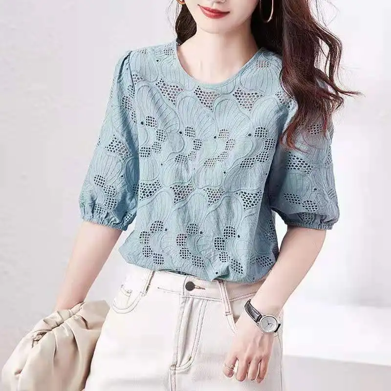 

Chiffon Shirt Women's 2021 New High-end Hollow Out Top 5-sleeve Bottom Shirt Summer White Crew Neck Sexy Blouse Lady Pullover