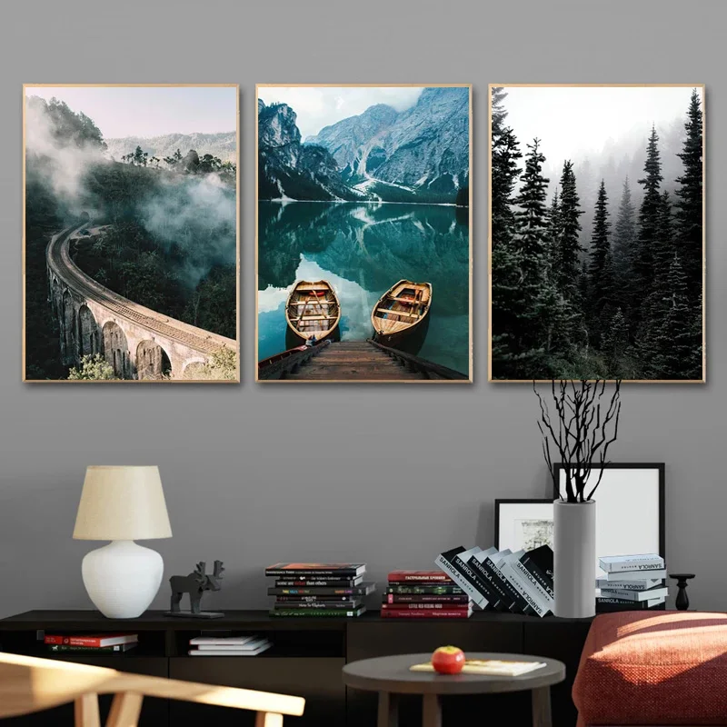 

Home Decor Misty Forest Lake Boat Nordic Poster Landscape Pictures Canvas Prints Scenery Painting Living Room Nature Decoration