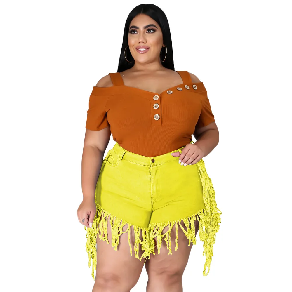 

Fashion Plus Size Women Jeans Summer Shorts Tassels Ripped High Waist Straight Denim Shorts 6 Colors L--4XL Lady Trousers High