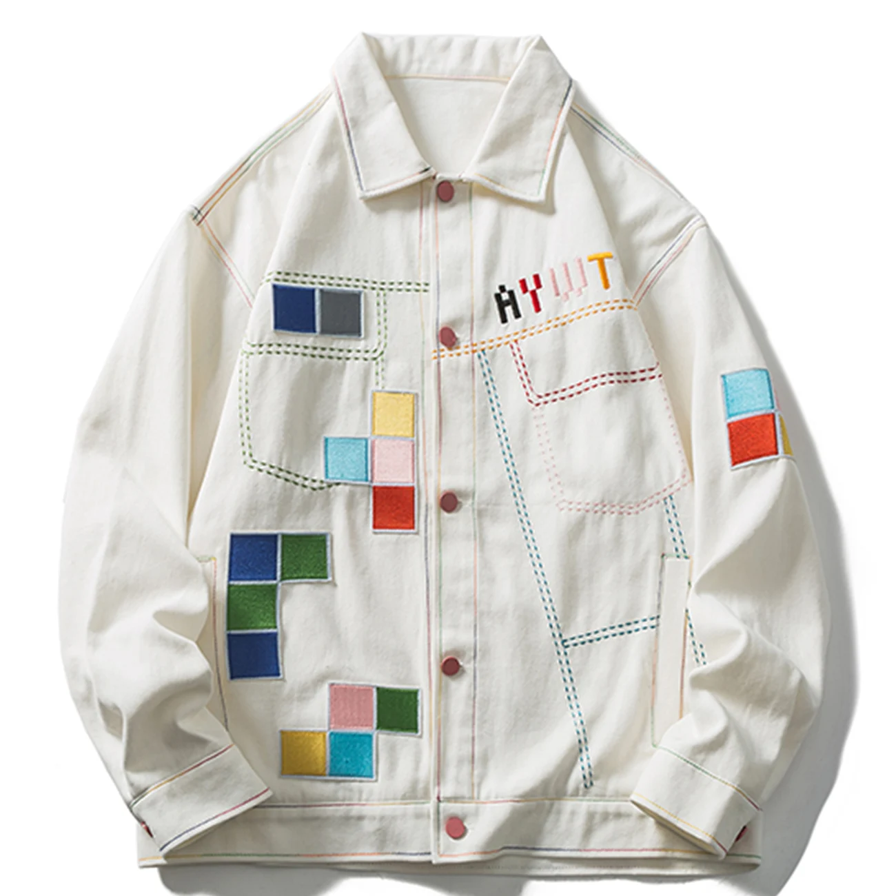 

LACIBLE Men Vintage Outwear Harajuku Hip Hop Streetwear Embroidery Letter Plaid White Denim Jacket 2021 Autumn Cargo Jacket Coat