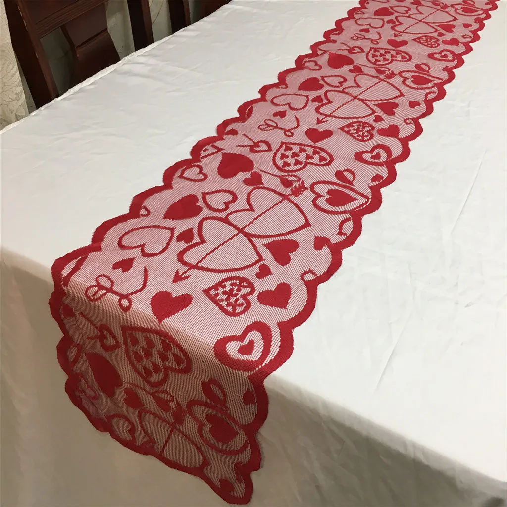 Valentine's Day Tablecloth Heart Shaped Lace Table Runners Flag Decoration Red Knitted Love Wedding | Дом и сад