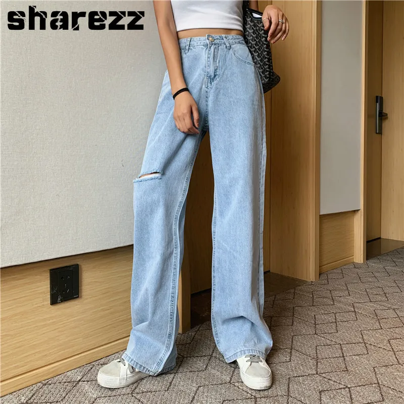 

Джинсы sharezz женские с завышенной талией, широкие брюки из денима, винтажные Мешковатые повседневные свободные длинные штаны в стиле ретро, б...