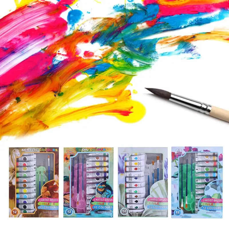 

12ml 12 Colors Professional Acrylic Paints Brush Palette Set Hand Painted Drawing Painting Pigment Artist DIY Arts Free Brush