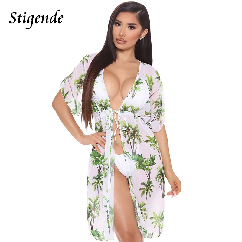 Женское Прозрачное платье-миди с принтом и коротким рукавом | Женская одежда