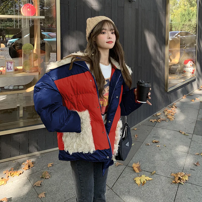 The New Lamb Hair Stitching Down Jacket Female Small Casual Design Sense Thick White Duck Down Short Coat