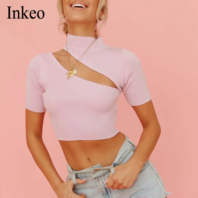 

Сиреневый Асимметричный Женский вязаный Топ с вырезами, новинка 2020, Модный облегающий женский кроп-топ с высоким воротником и коротким рука...