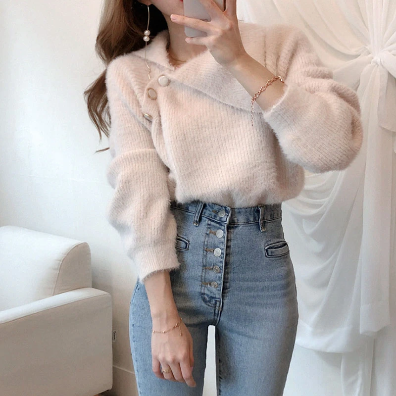 Свитер с неровной горловиной женская зимняя одежда вязаные свитера повседневные