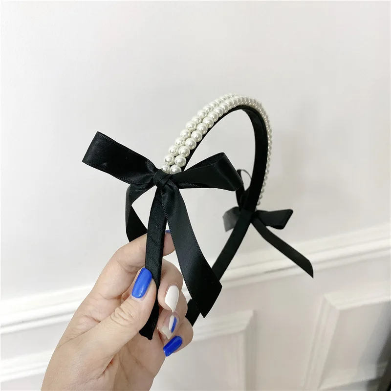 

Sweet Vintage Black Bow-knot Doublelayer Pearl Headband for Women Girls Korean Beaded Ribbon 2021 Hairband Hair Accessories