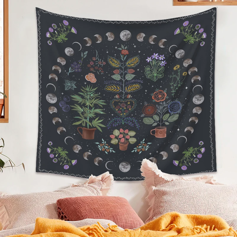 

Moon Phase Tapestry Wall Hanging Botanical Celestial Floral Wall Tapestry Hippie Flower Wall Carpets Dorm Decor Starry SkyCarpet