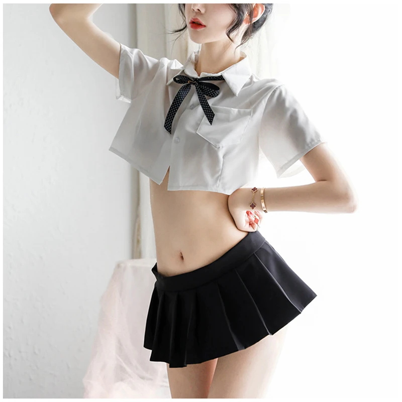 

Student Cosplay Sexy Perspective White Shirt Collar Rope Bow Tie Uniform Temptation Pleated Skirt Suit Women's Erotic Lingerie