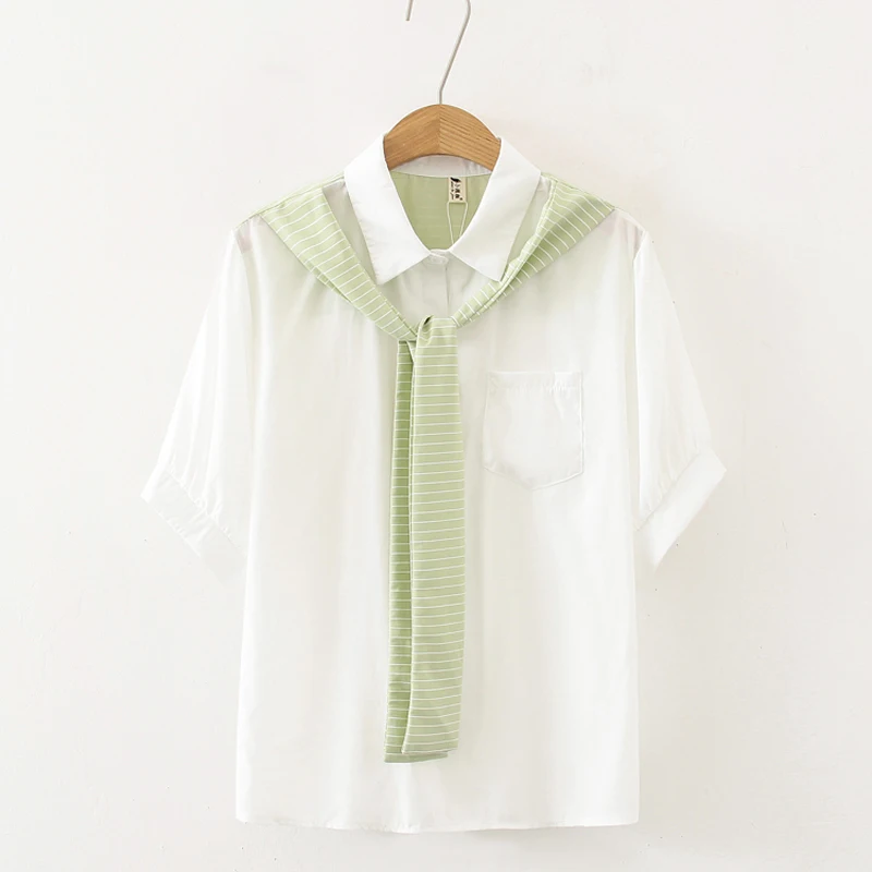 

Zoki Striped Women Blouse Summer Elegant Short Sleeve Bow Female Shirts Casual Turn Down Collar Loose Cotton Ladies Top New 2021