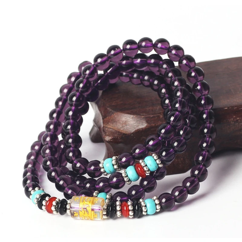 Couple Bracelets Vintage Glass Stone 4 Multi-layer Strands Woven Handmade Wrap with Buddhist Scriptures Pattern | Украшения и