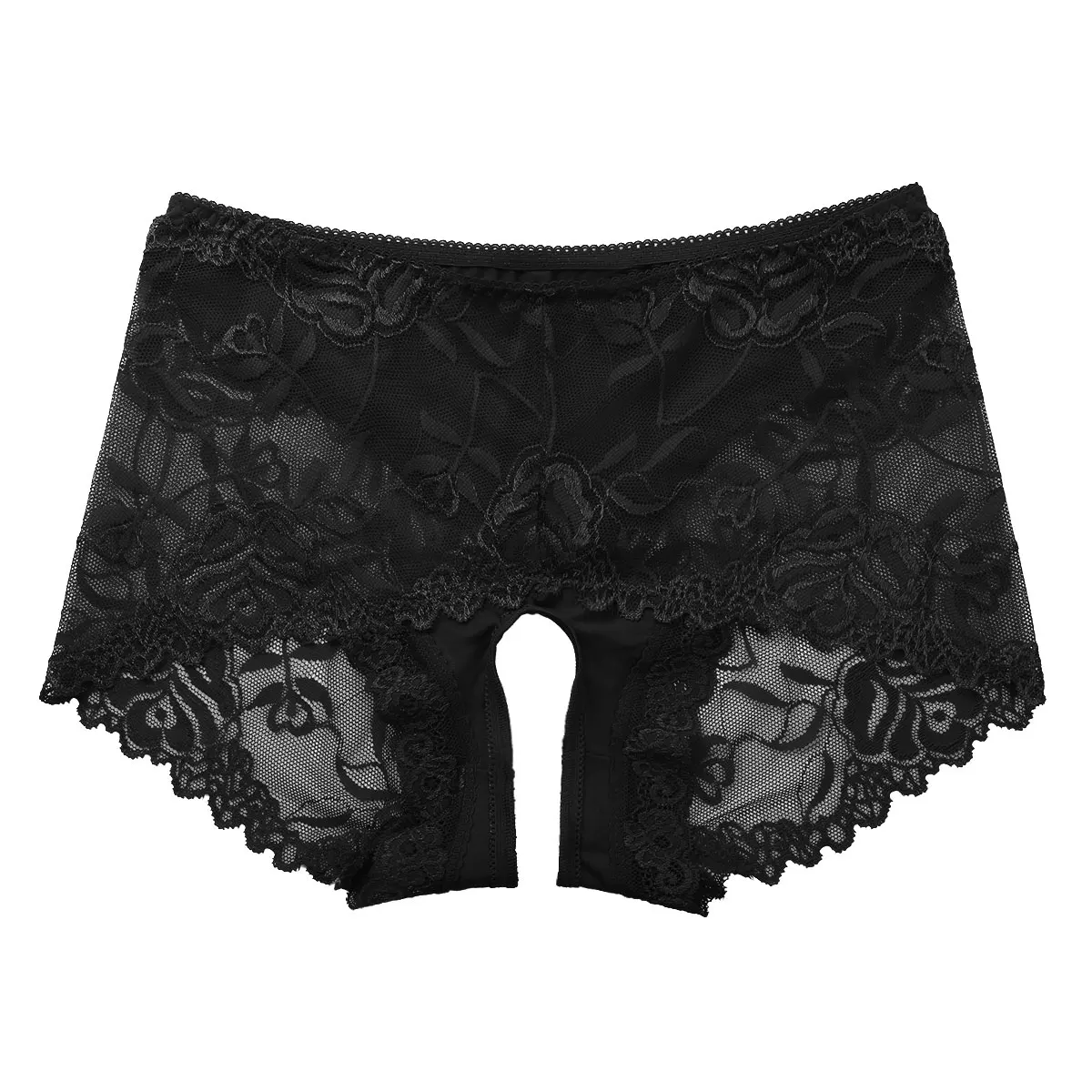 Эротические мужские сетчатые прозрачные кружевные трусы-боксёры с рюшами