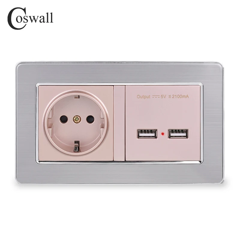 COSWALL настенная розетка, стандарт ЕС, розетка с двумя USB, умный индукционный порт зарядки для мобильных 5 в 2,1 А, панель из нержавеющей стали - Тип: Gold