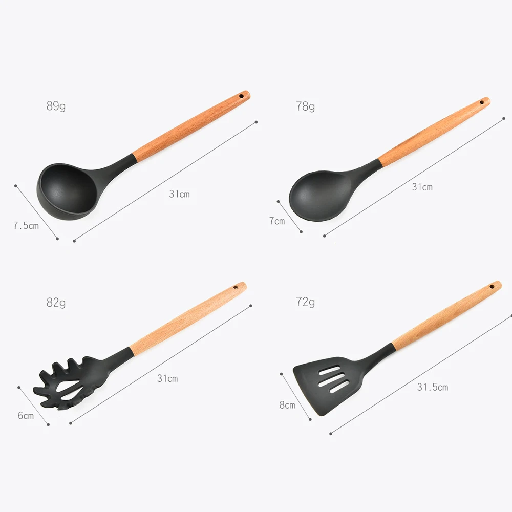 

Best Silicone Cooking Utensil Set Wooden Handle Spatula Soup Spoon Brush Colander Non-stick Cookware Kitchen Tools Ladle Pasta