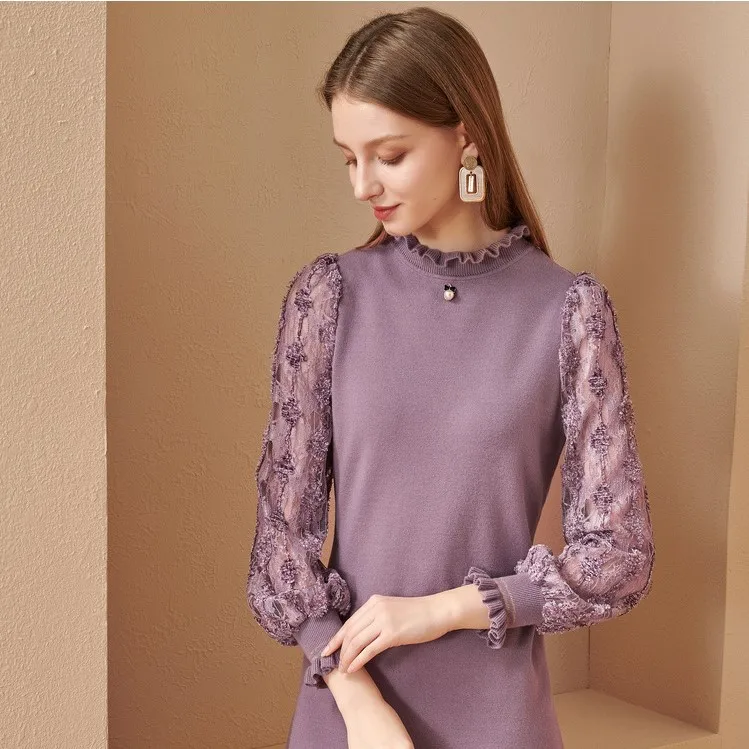 

2020 Autumn/Winter Clothing Fashion Ladies Stand-Up Collar Slimming Knit Dress Lace Long-Sleeved Ladies