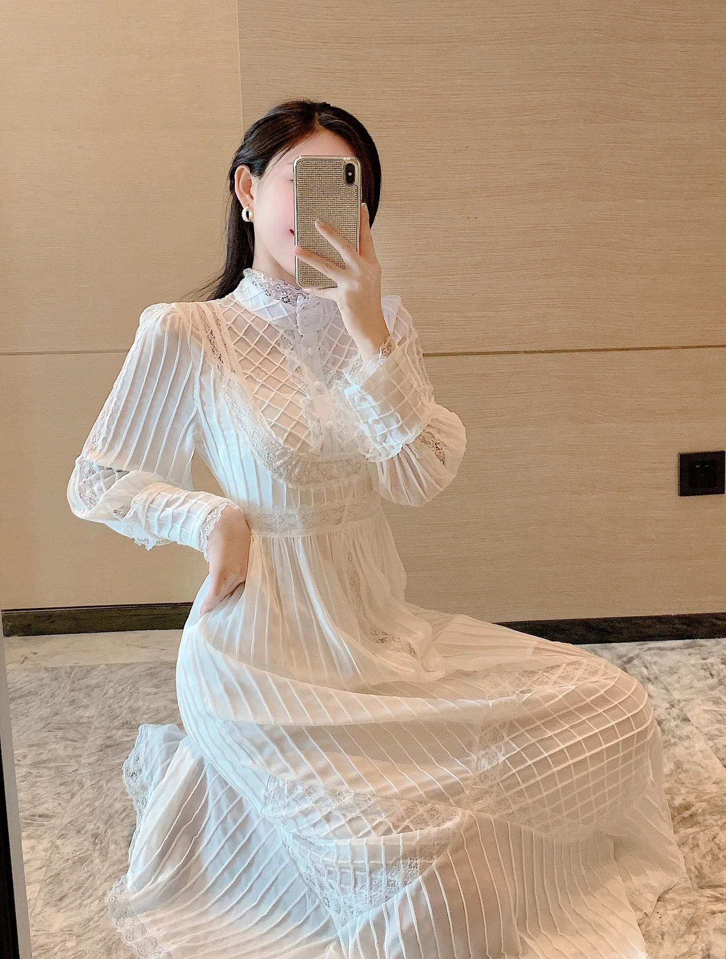 

2021 Spring& Autumn Maxi Dress New Lace Patchwork Puff Sleeve Striped Dress Stand Collar High-Waist Temperament Slim Dress