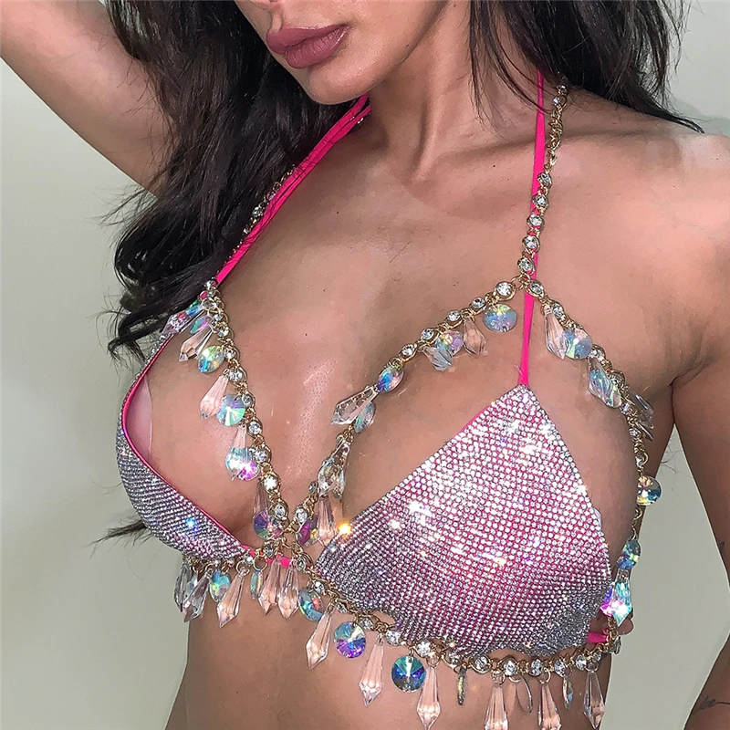 Сексуальный Кристалл горный хрусталь блесток дутая цепочка Топ жгут кисточкой Подвески для тела Женский комплект из 2 предметов вечерние фестиваль одежда Женский комплект