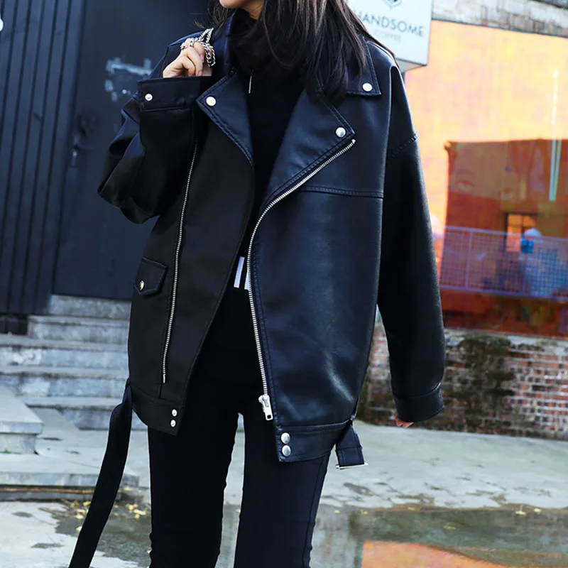 Куртка женская из искусственной кожи с ремнем в стиле BF | Женская одежда