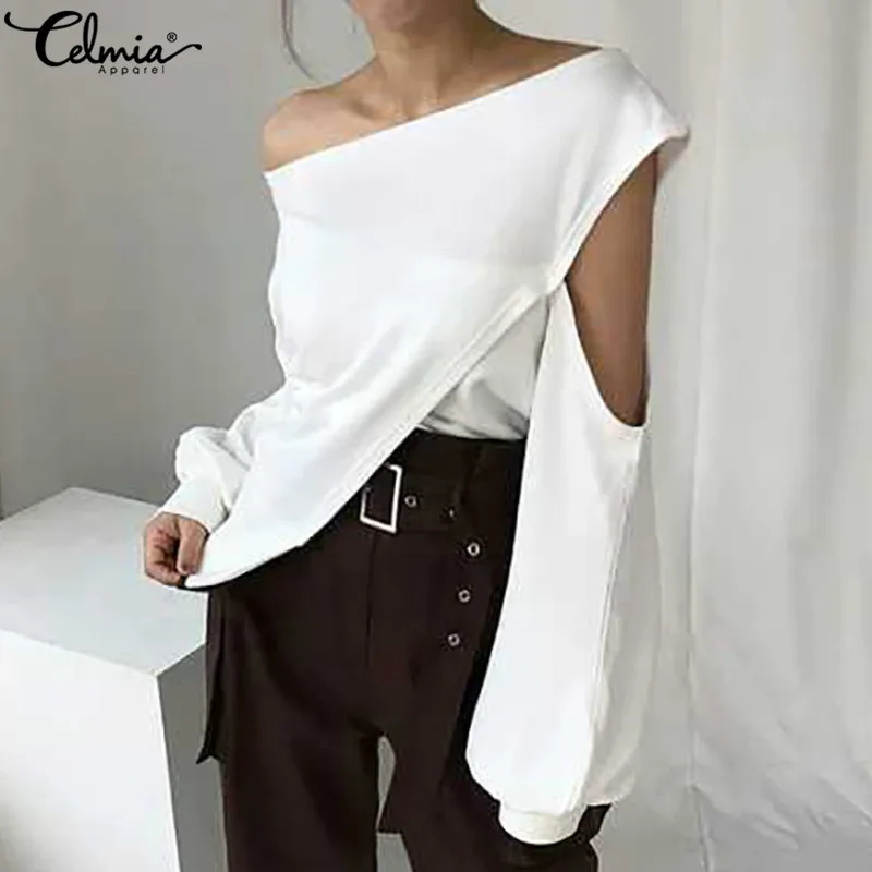 5XL Celmia женские модные блузки с длинным рукавом Ажурные топы пикантные рубашки