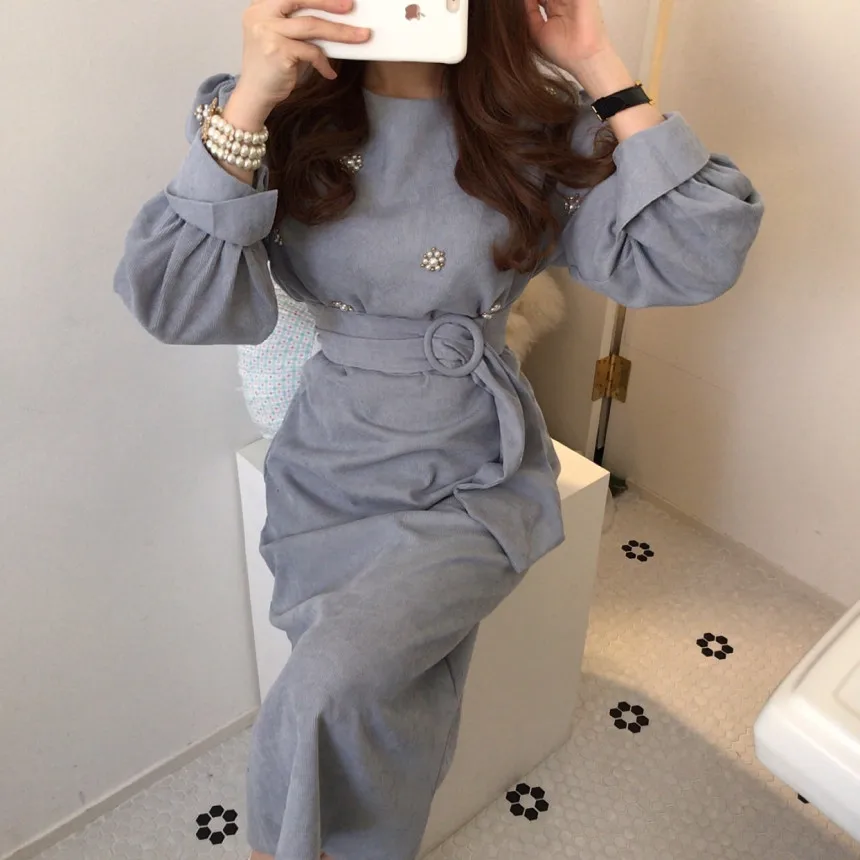 

Women Winter Elegant Fashion Dress O-neck Beading Puff Sleeve High Waist Sashes Solid Long Dresses Korean Dress Vestidos 2021