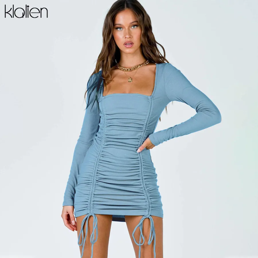 Kalien Модное Элегантное однотонное хлопковое женское платье осень 2020 новое мини с