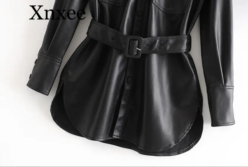 Slim PU Coats Women Fashion Faux Leather Jackets Women Elegant Tie Belt Waist Pockets Buttons Coats Female Ladies faux leather