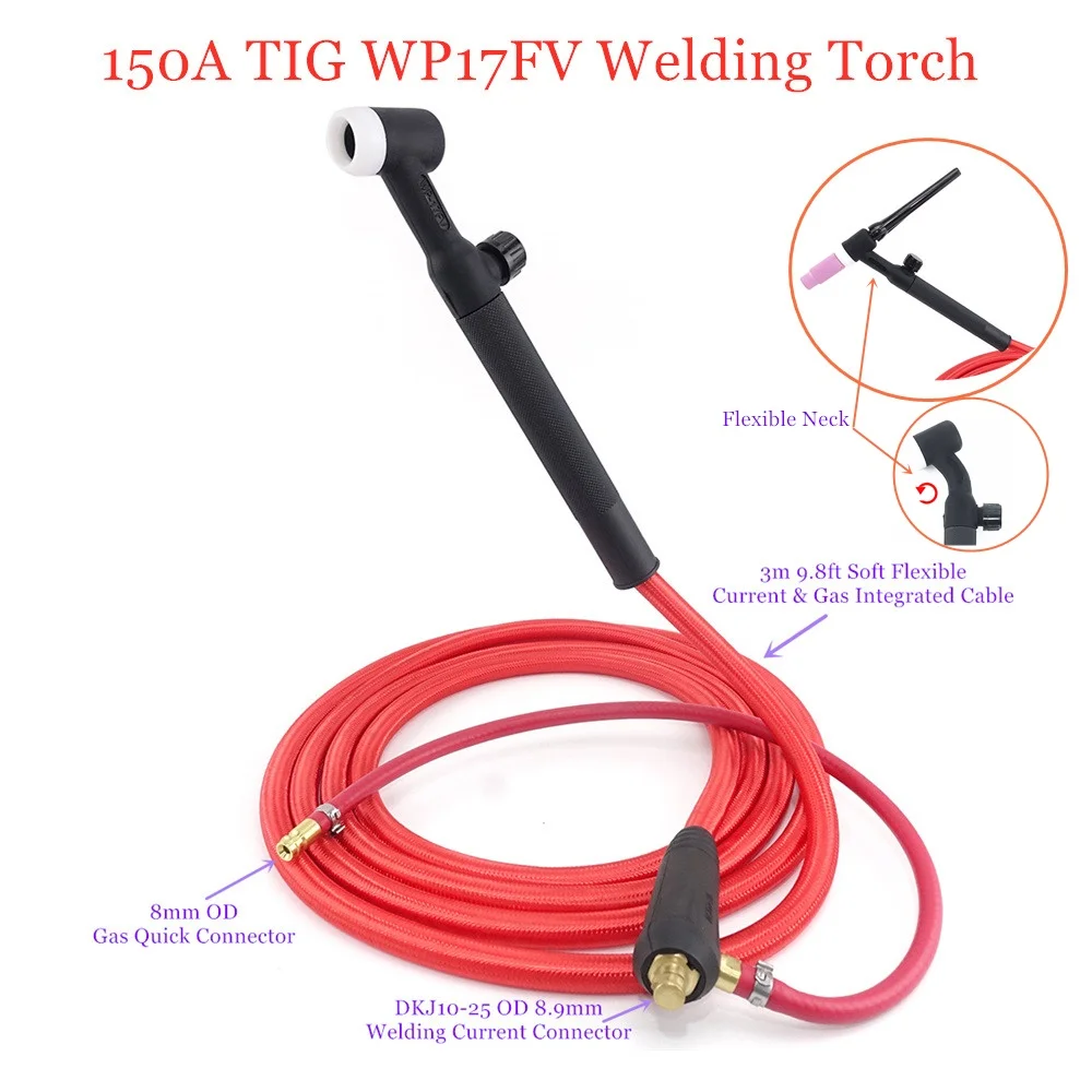 

150A 3m WP17FV TIG Welding Torch Soft Red Hose Argon Tungsten Arc Flexible Gas Valve Quick Connector WP17 Welder Gun