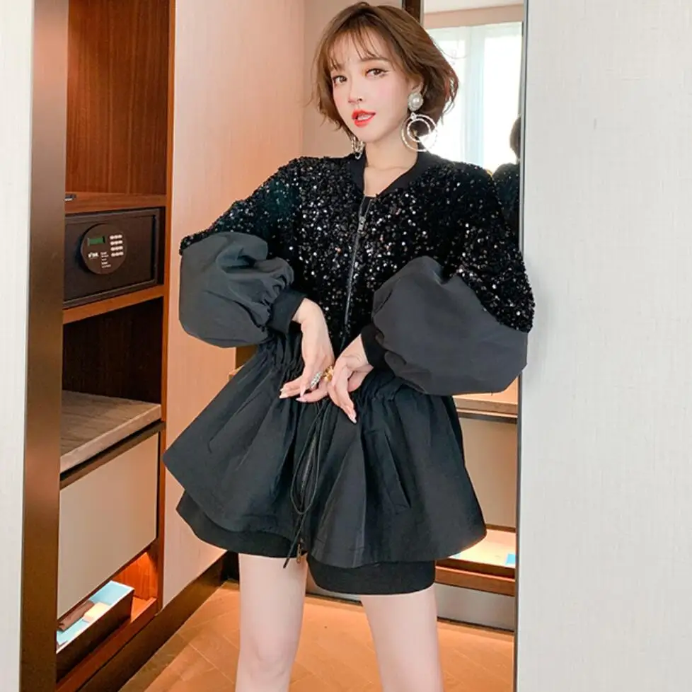 

Temperament V-neck stitching heavy sequins zipper waist drawstring loose coat