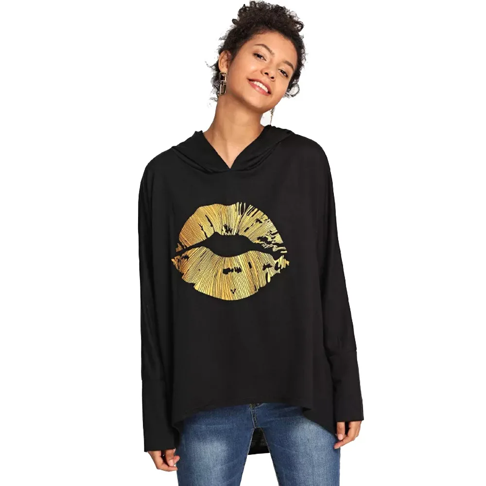 

European Style Hoodies Cartoon Lip Black Hooded Woman Sweatshirt Fashion Long Sleeve Pullover Female Hoodies Sweatshirt