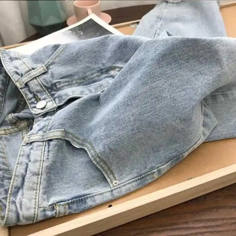 

Light Blue Denim Trousers Vintage Wide Leg Pants Women Korean Straight Long Pants High Waist Casual Loose With Belt