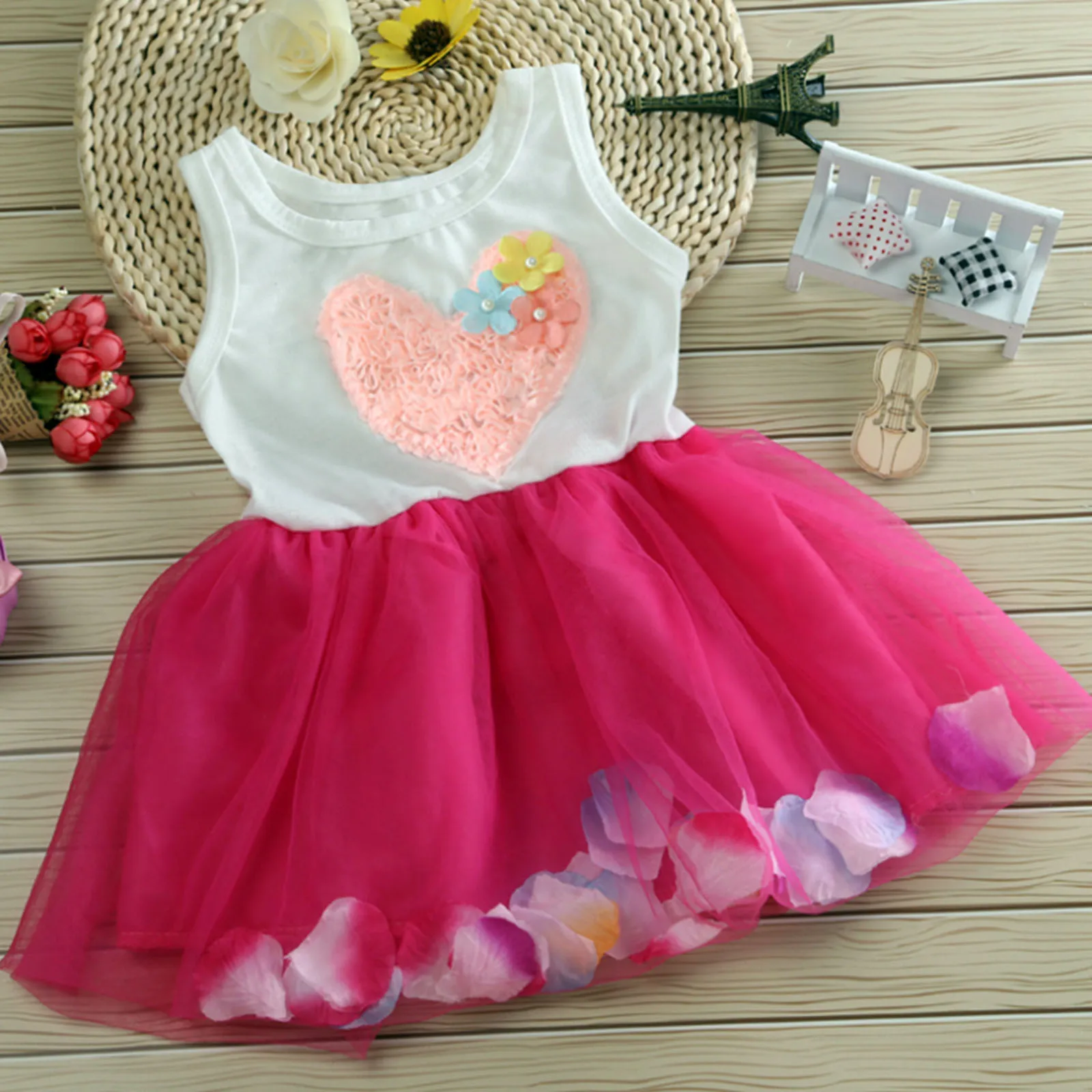 

Toddler Kids Dresses Baby Girl Flower Lace Heart Splice Tulle Tutu Party Princess Dress Summer Party Dresses sukienki dla dzieci