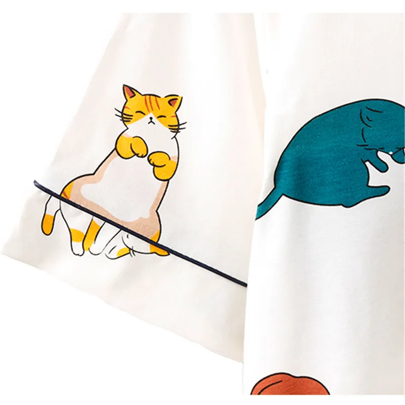 Женский пижамный комплект милый белый из хлопка с принтом кошки и коротким