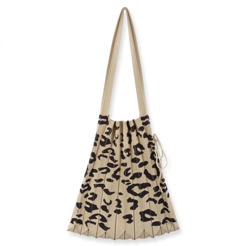 

2021 Knitted Shoulder Bag Leopard Grain Bag for Women College Student Handbag Large-capacity Pleated Folding Organ Bag Gift