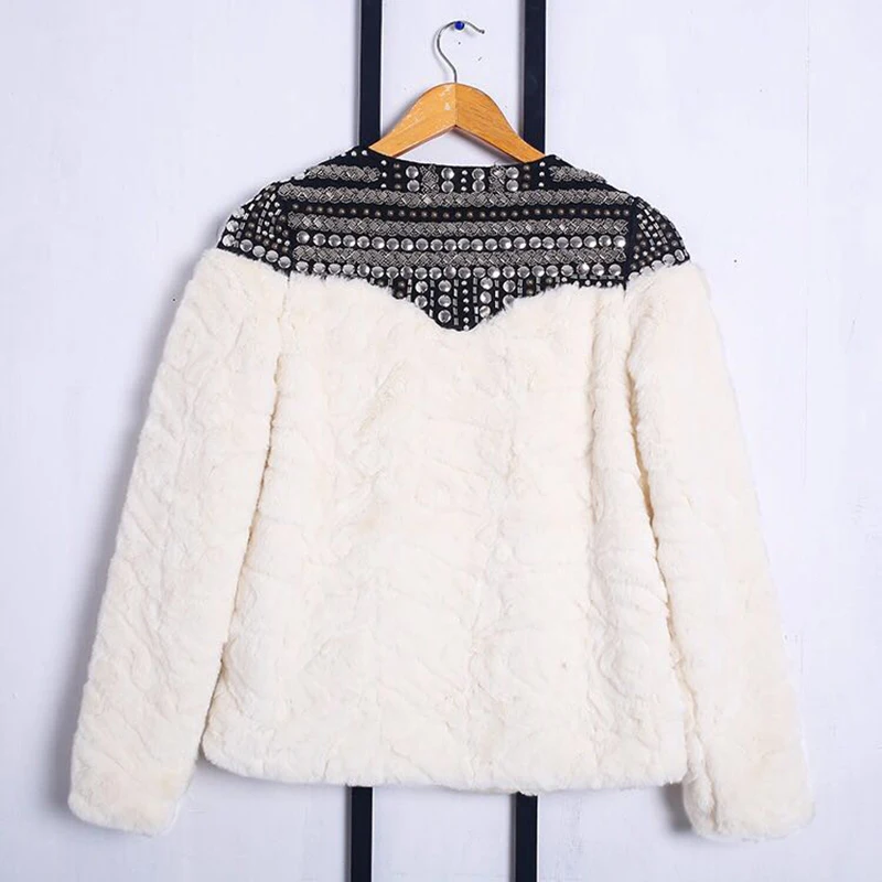 Fleece Rivet Coat For Women Faux Fur Patchwork Long Sleeve Thick Cardigan Female Winter Harajuku New Clothing